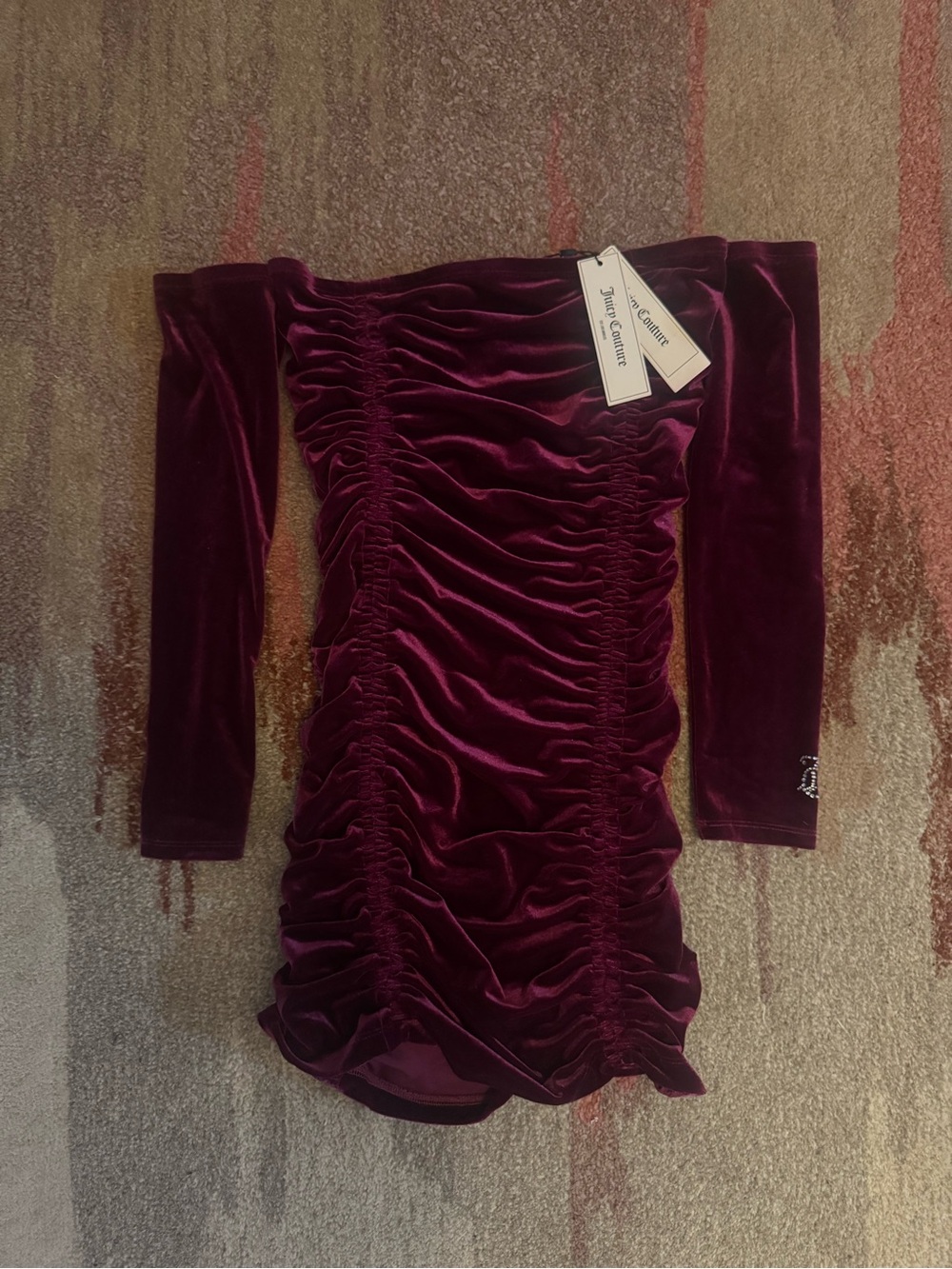 Juicy couture Ruched Velvet Off-Shoulder Mini Dress in Deep Plum